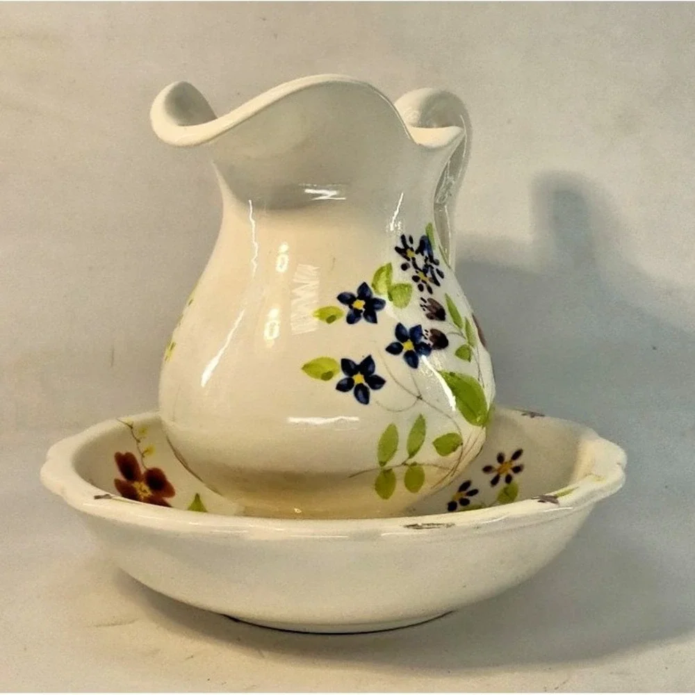 UNBRANDED Pitcher Basin‎ Set Adult Small White Excellent Ceramic Floral Decor